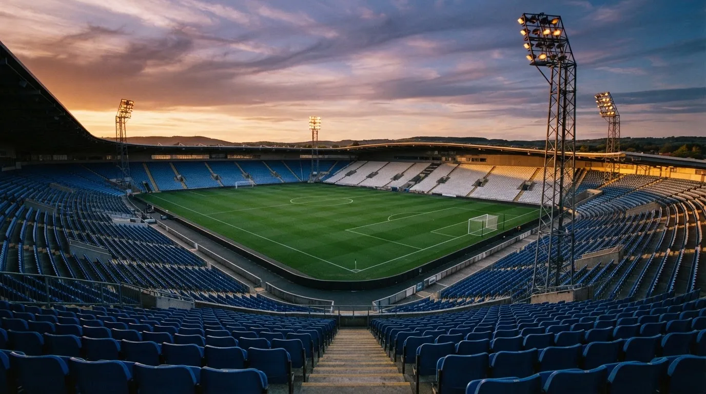 Un estadio de fútbol vacío con torres de iluminación al atardecer