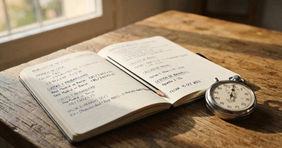 Un cuaderno abierto con un lápiz y un cronómetro sobre una mesa de madera