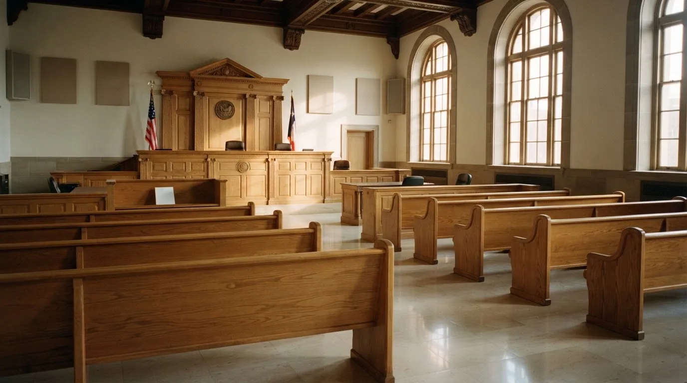 Una sala de tribunal vacía con bancos de madera a la luz de la mañana