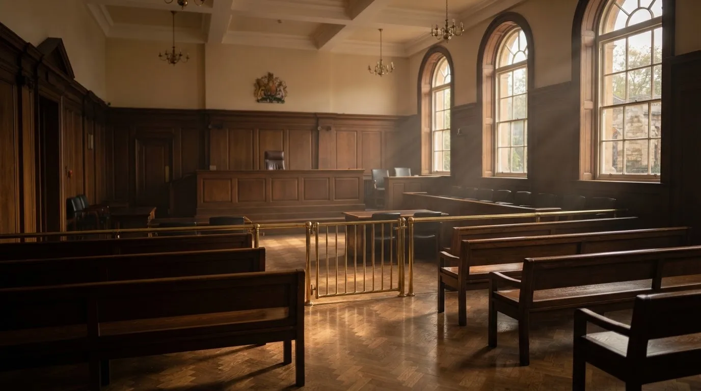 Una sala de tribunal vacía con bancos de madera a la luz de la mañana