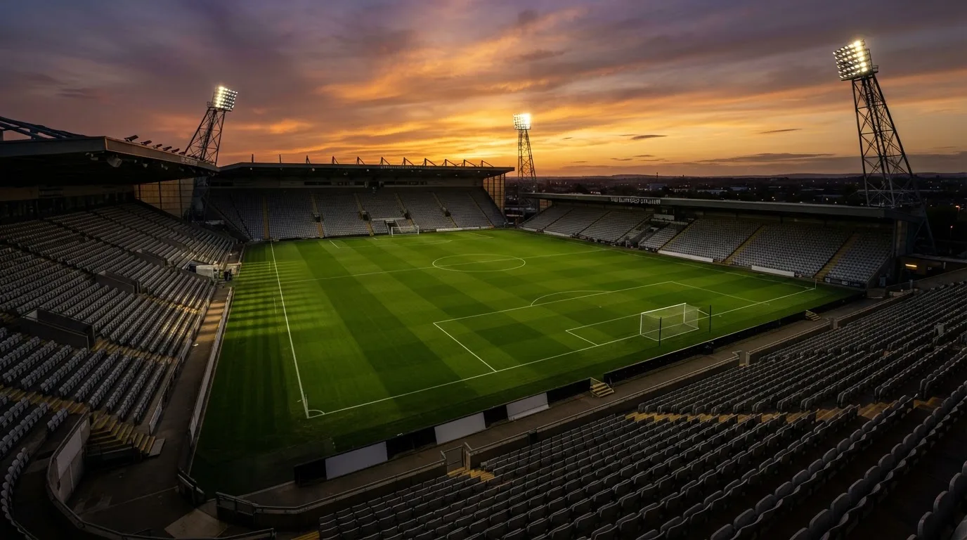 Un estadio de fútbol vacío con torres de iluminación al atardecer