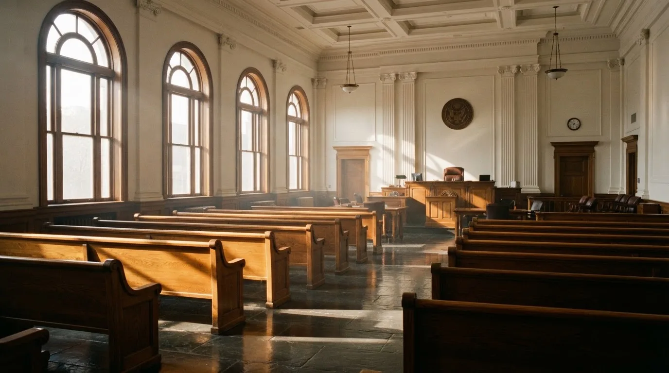 Una sala de tribunal vacía con bancos de madera a la luz de la mañana
