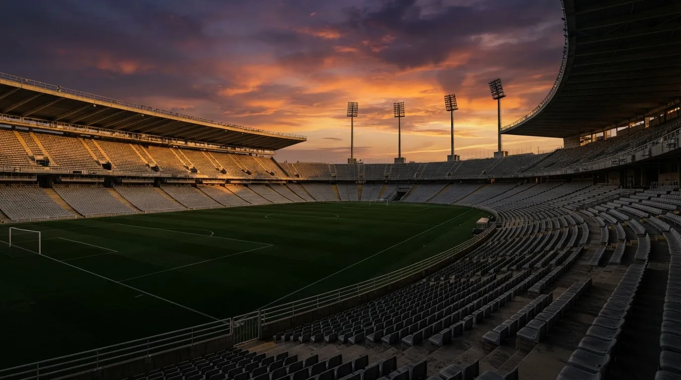 Un estadio de fútbol vacío con torres de iluminación al atardecer
