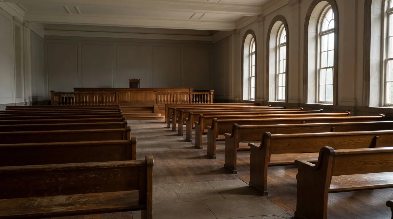 Una sala de tribunal vacía con bancos de madera a la luz de la mañana