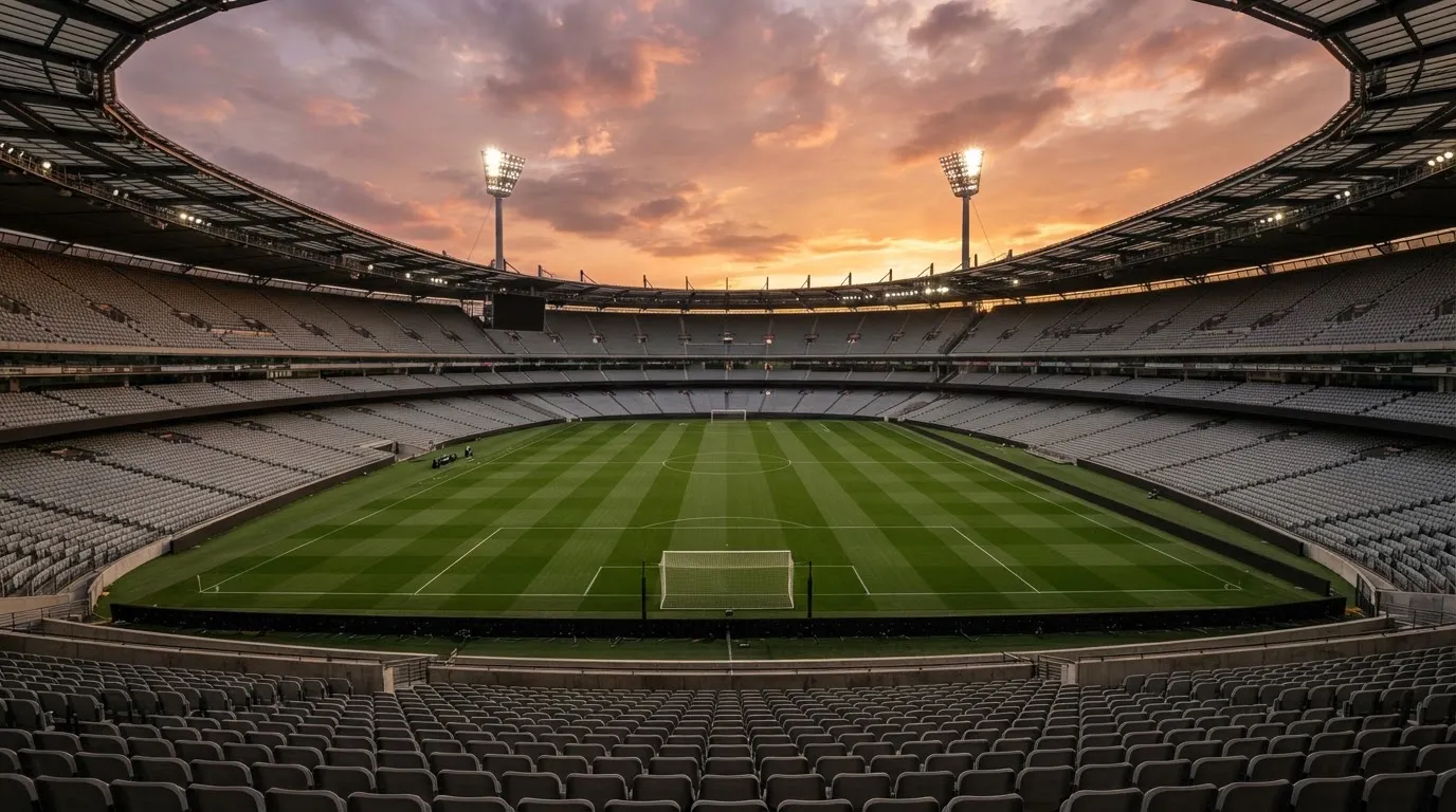 Un estadio de fútbol vacío con torres de iluminación al atardecer