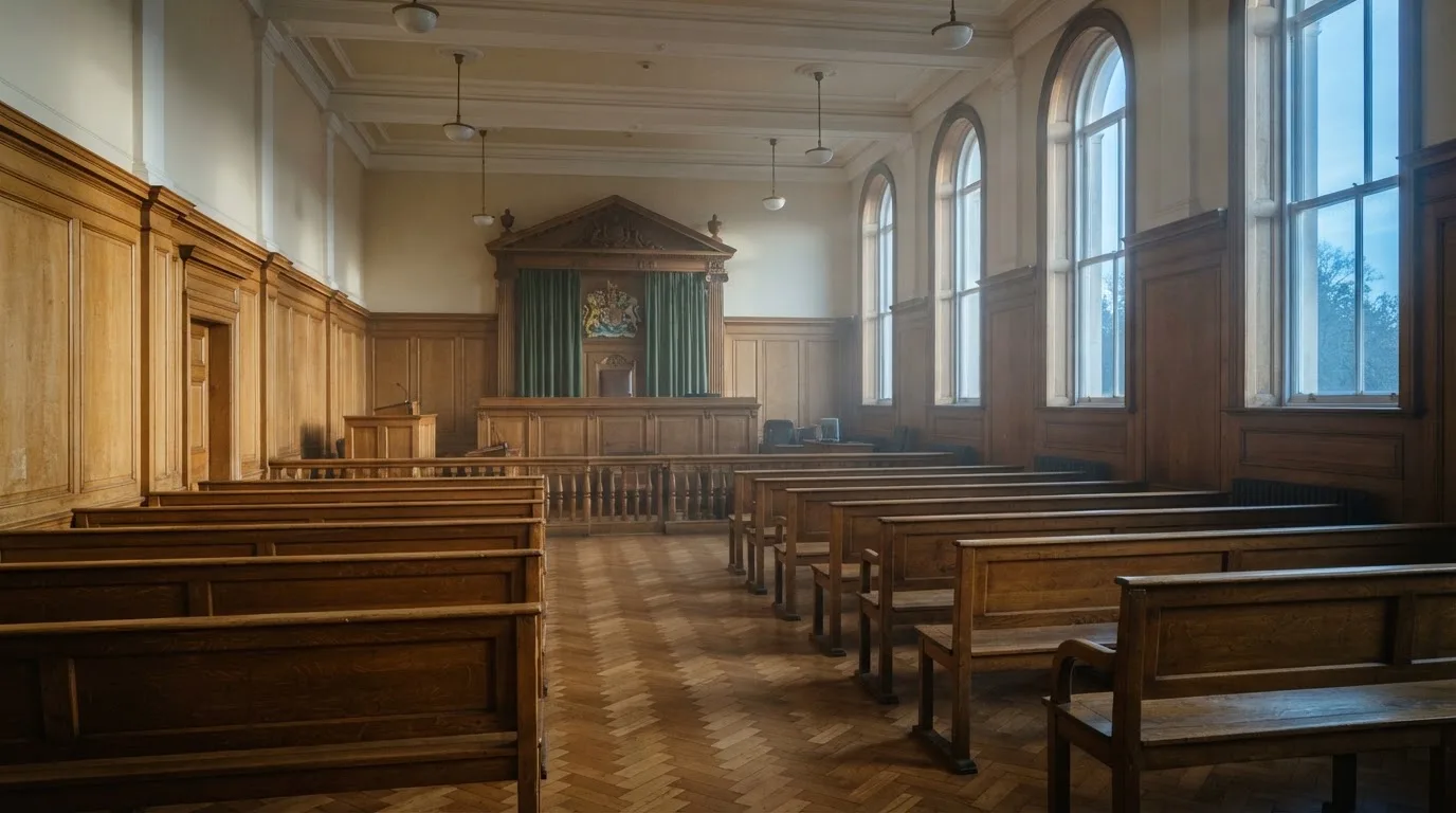 Una sala de tribunal vacía con bancos de madera a la luz de la mañana