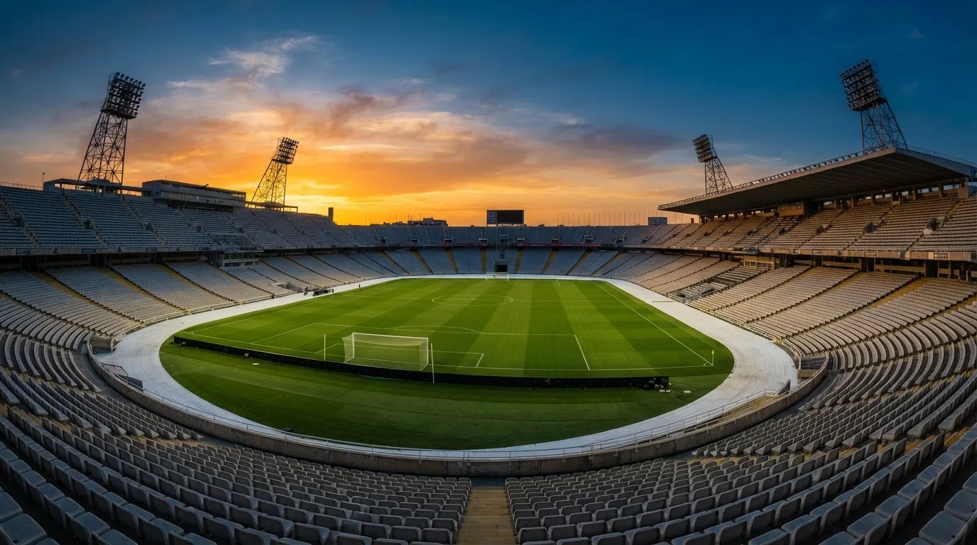 Un estadio de fútbol vacío con torres de iluminación al atardecer