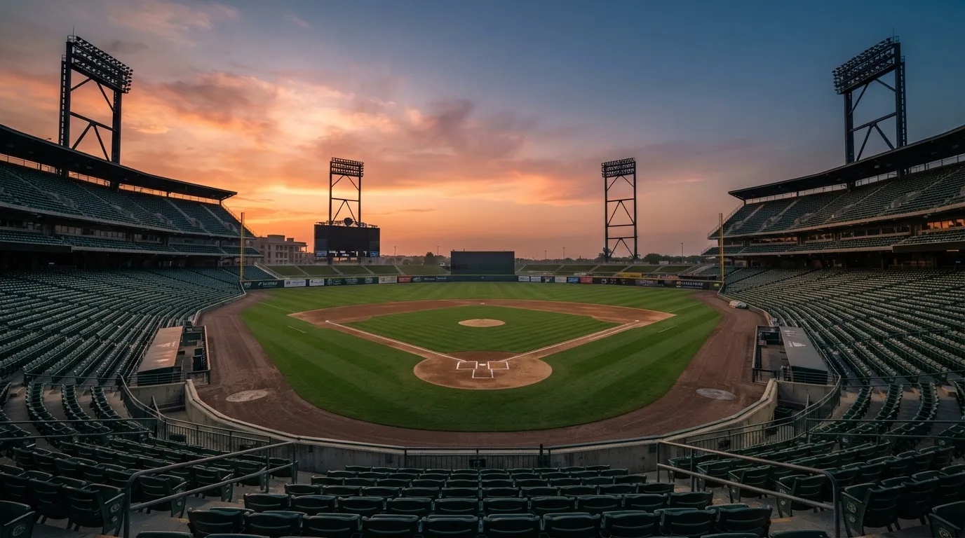 Un estadio de fútbol vacío con torres de iluminación al atardecer