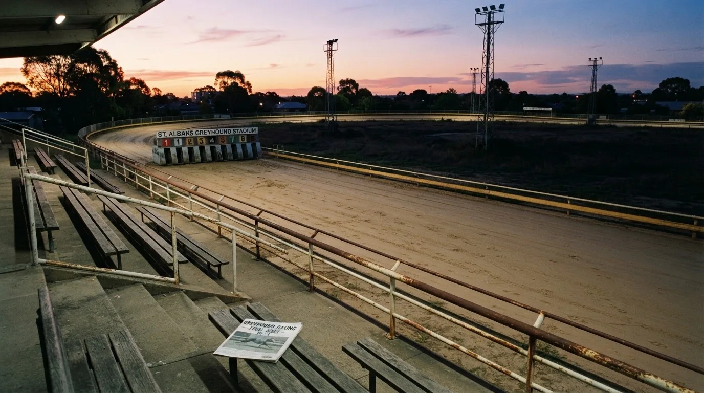Un estadio de fútbol vacío con torres de iluminación al atardecer
