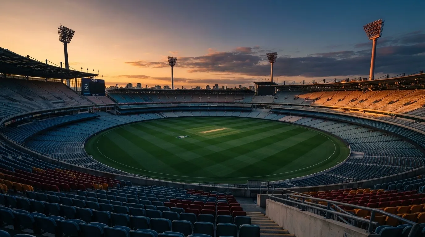 Un estadio de fútbol vacío con torres de iluminación al atardecer