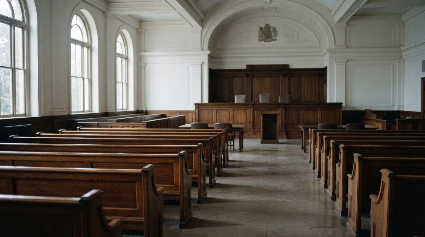 Una sala de tribunal vacía con bancos de madera a la luz de la mañana