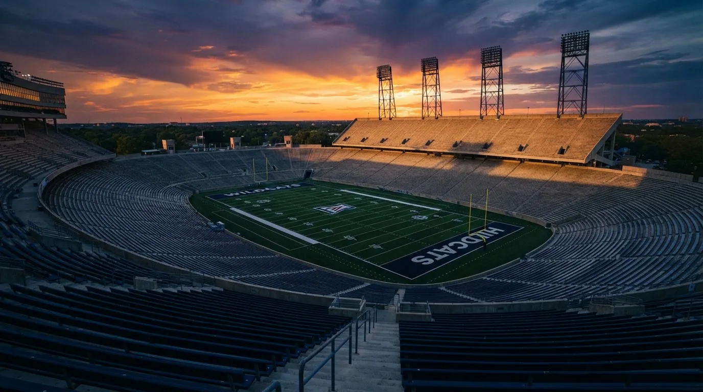 Un estadio de fútbol vacío con torres de iluminación al atardecer