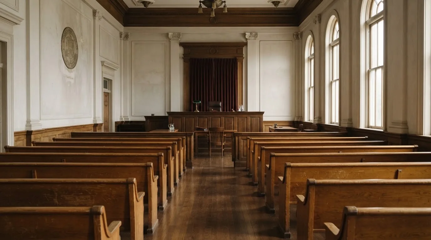 Una sala de tribunal vacía con bancos de madera a la luz de la mañana