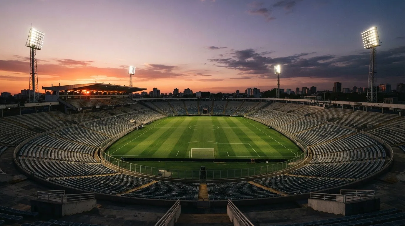 Un estadio de fútbol vacío con torres de iluminación al atardecer