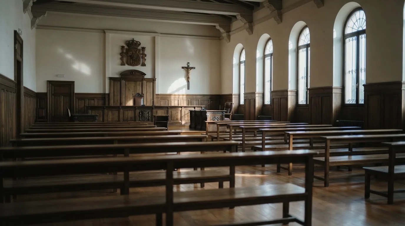 Una sala de tribunal vacía con bancos de madera a la luz de la mañana
