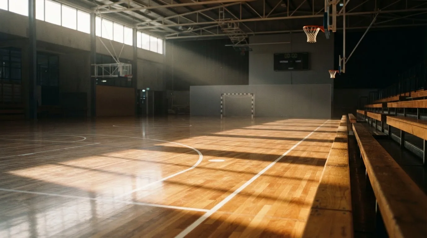 Una sala de tribunal vacía con bancos de madera a la luz de la mañana