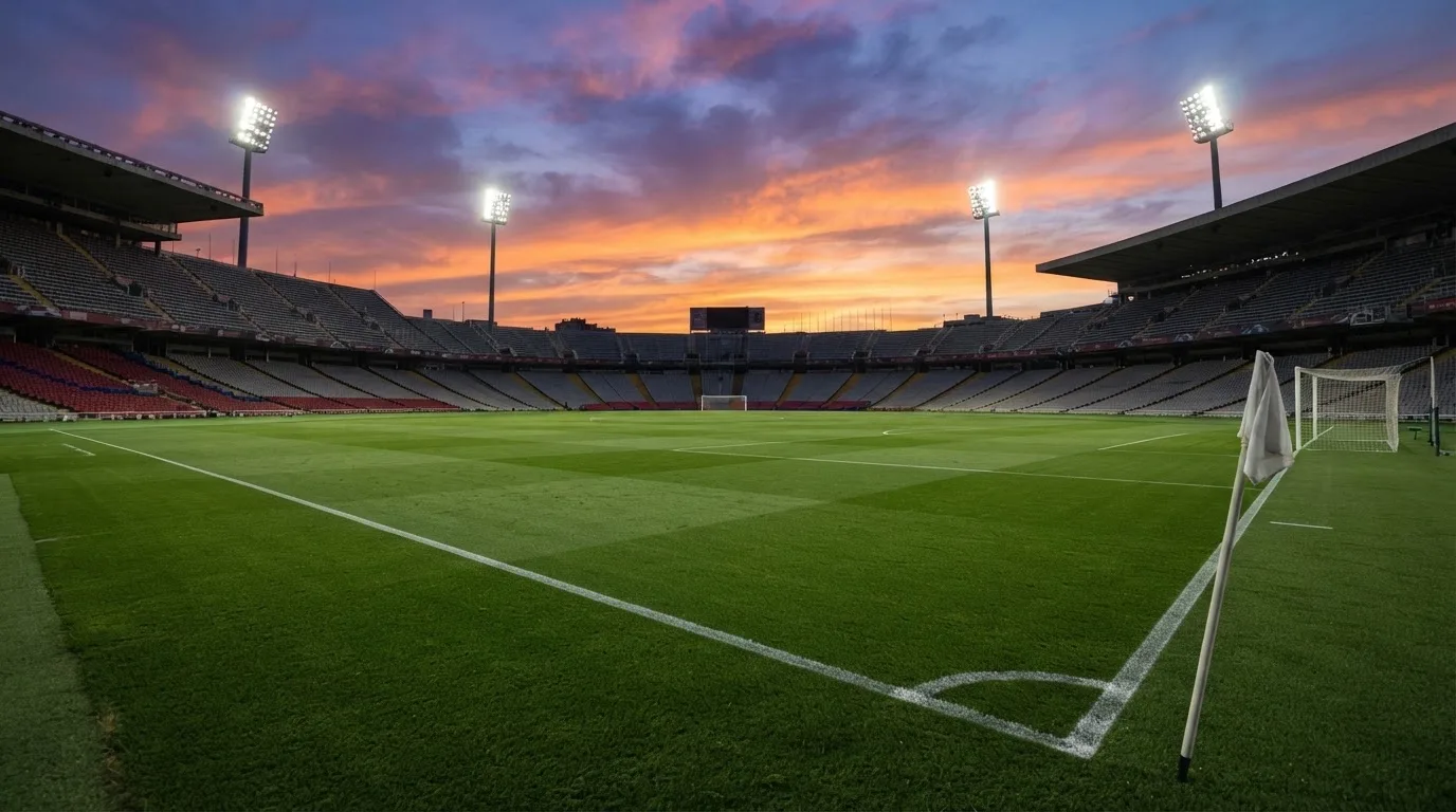 Un estadio de fútbol vacío con torres de iluminación al atardecer