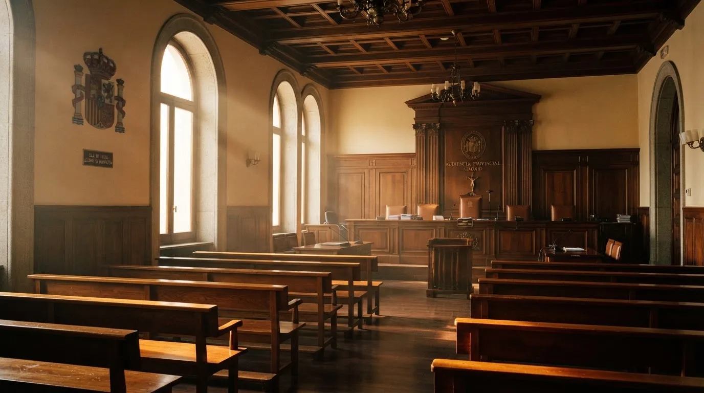 Una sala de tribunal vacía con bancos de madera a la luz de la mañana
