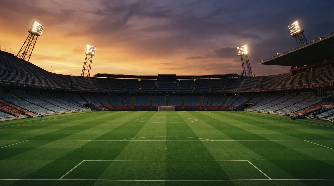 Un estadio de fútbol vacío con torres de iluminación al atardecer