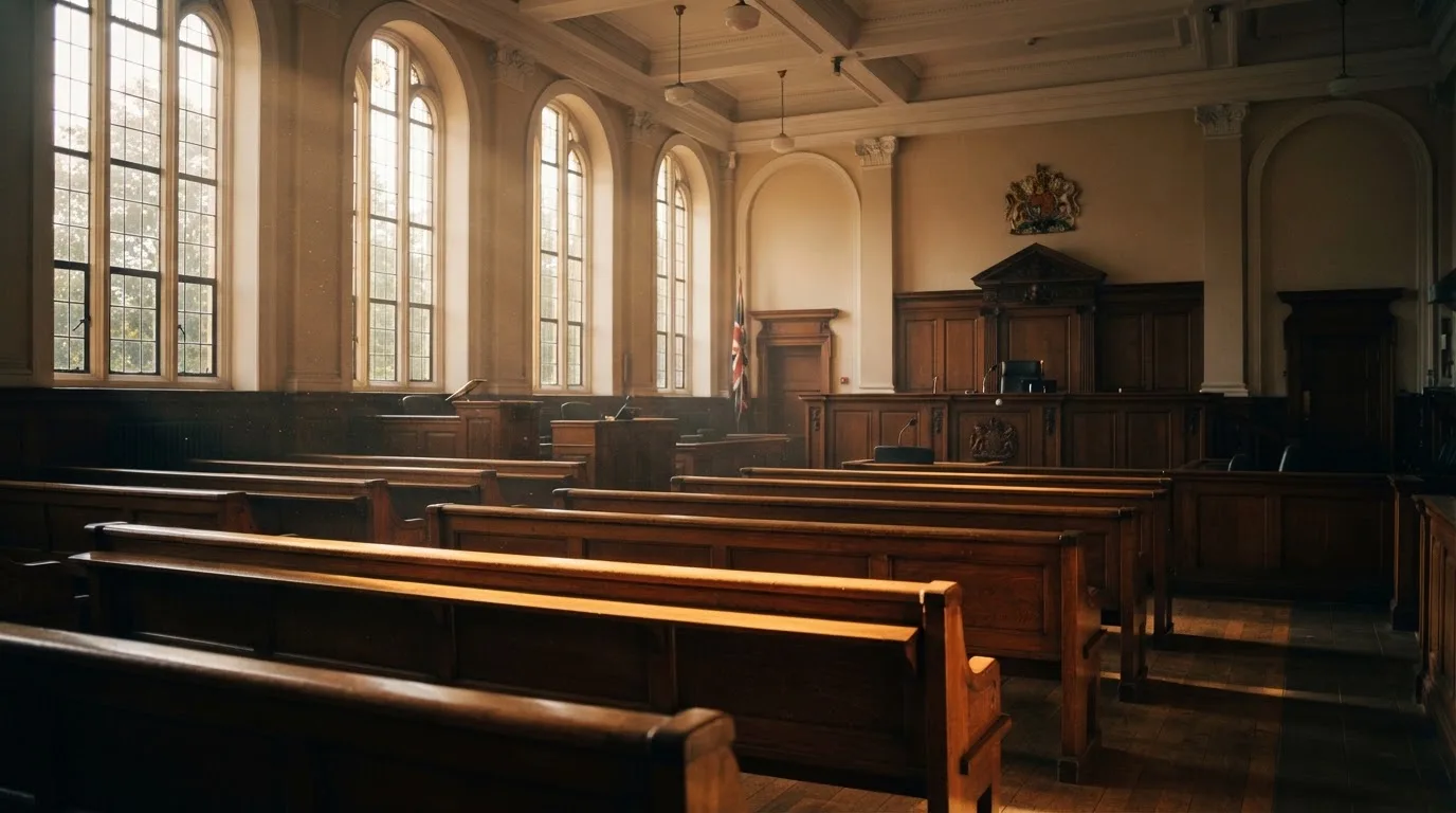 Una sala de tribunal vacía con bancos de madera a la luz de la mañana