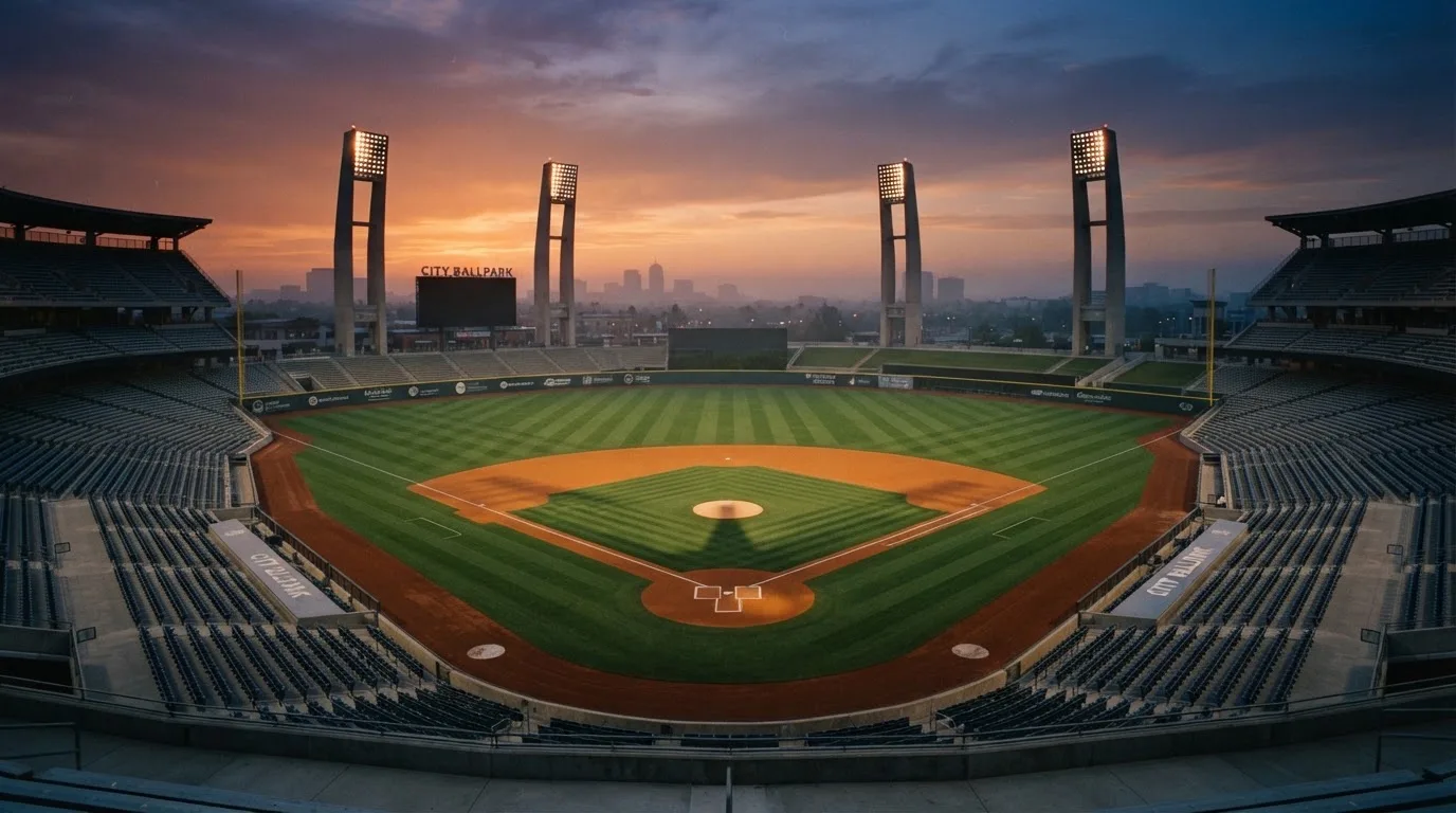 Un estadio de fútbol vacío con torres de iluminación al atardecer