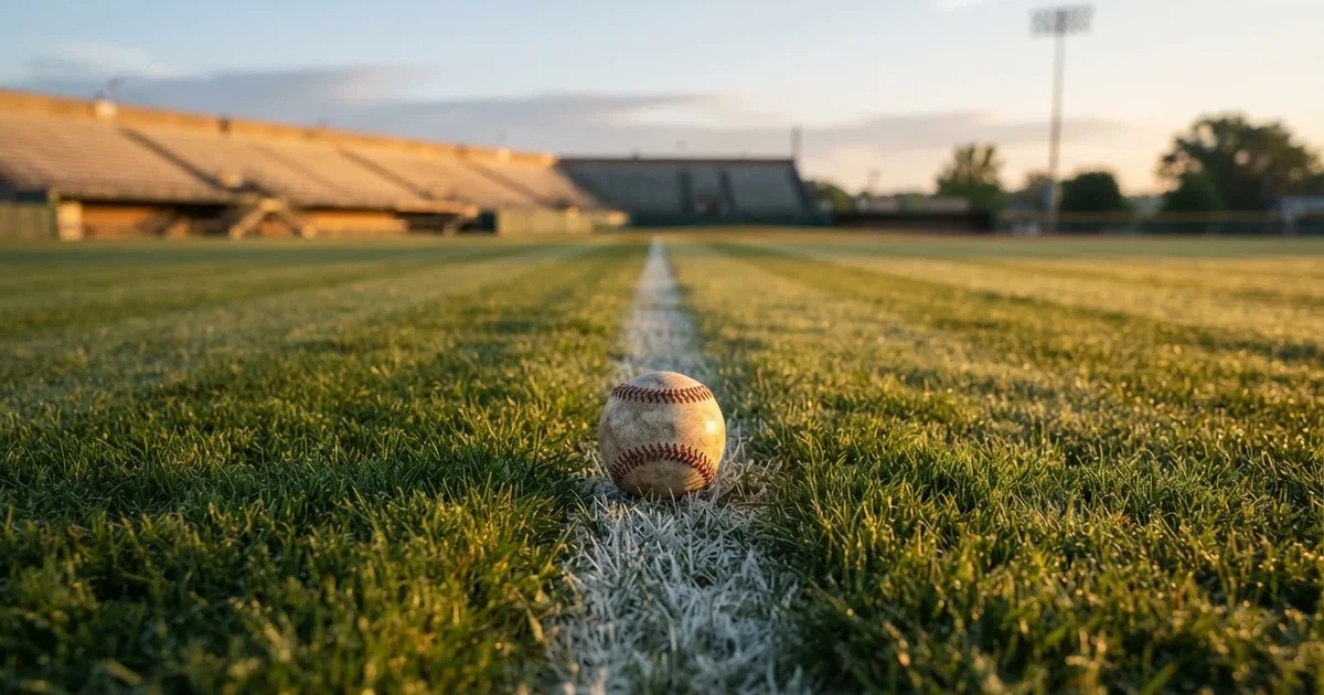 Un balón en el punto central de un campo de césped a la luz de la mañana