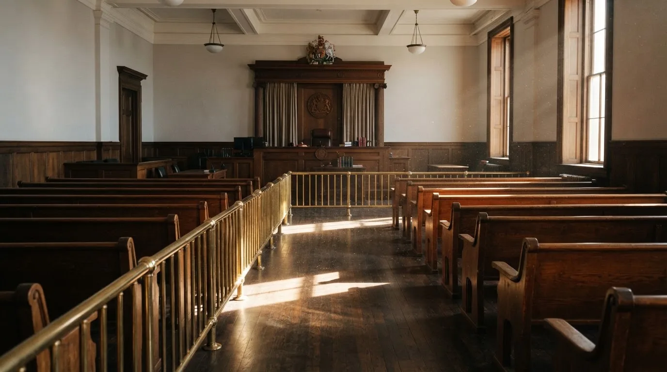 Una sala de tribunal vacía con bancos de madera a la luz de la mañana