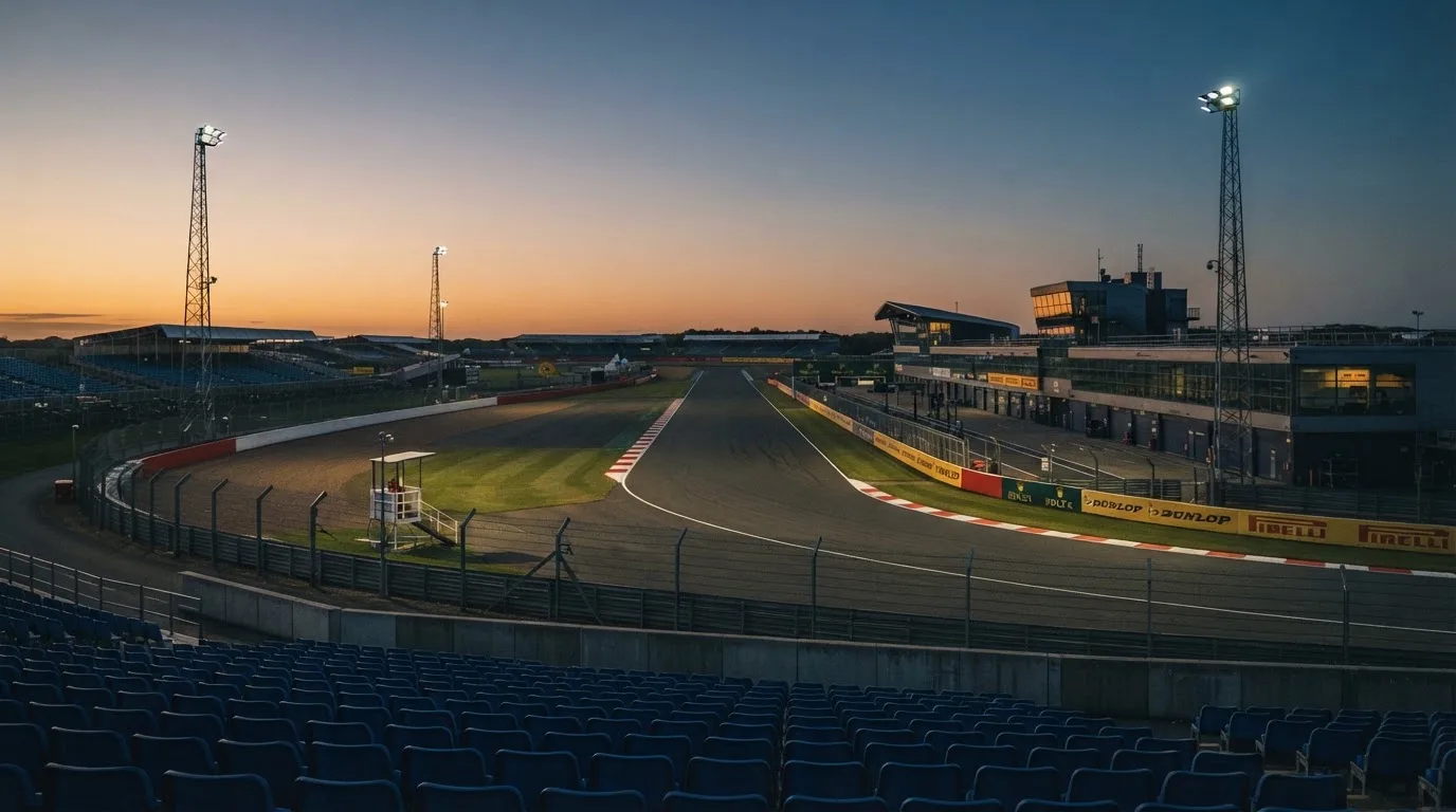 Un estadio de fútbol vacío con torres de iluminación al atardecer