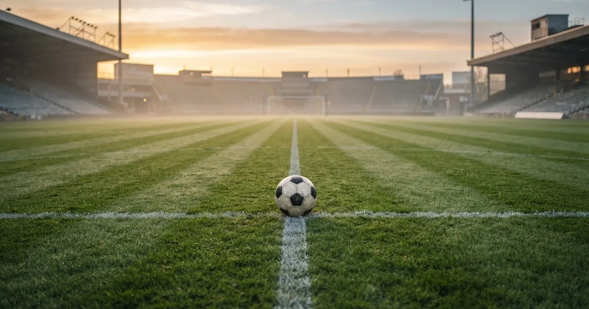Un balón en el punto central de un campo de césped a la luz de la mañana