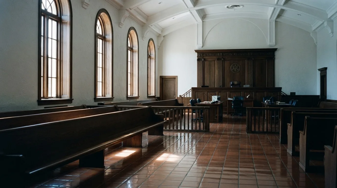 Una sala de tribunal vacía con bancos de madera a la luz de la mañana