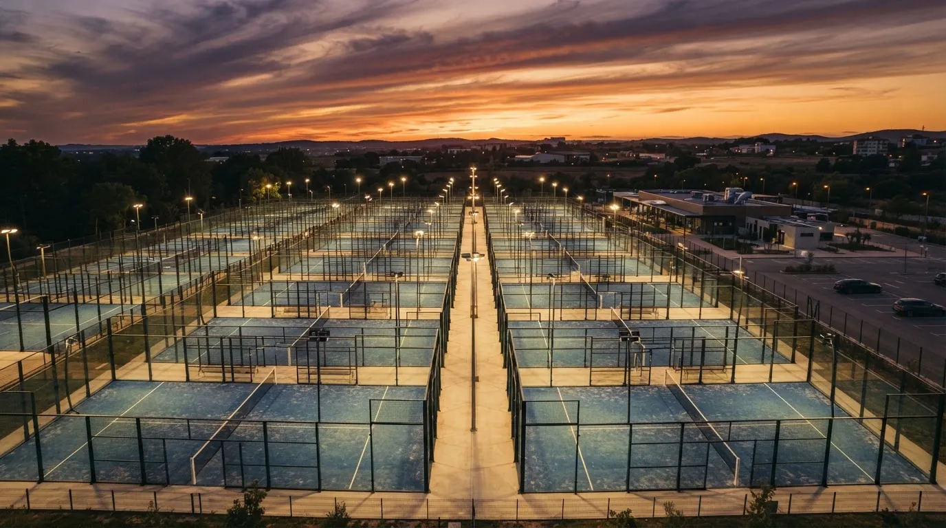 Un estadio de fútbol vacío con torres de iluminación al atardecer