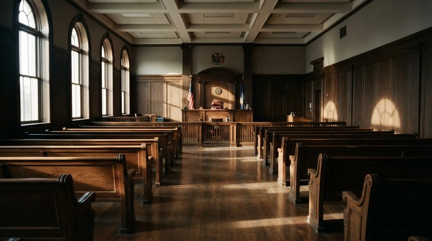 Una sala de tribunal vacía con bancos de madera a la luz de la mañana