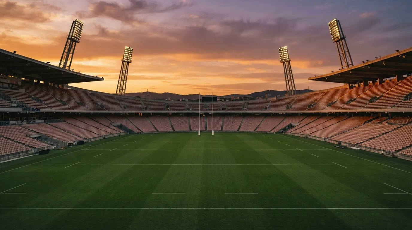 Un estadio de fútbol vacío con torres de iluminación al atardecer