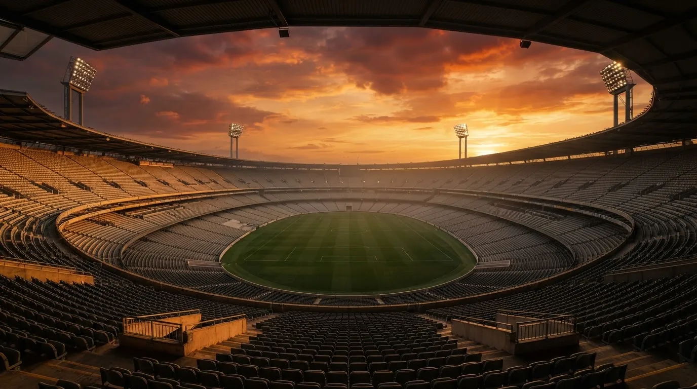 Un estadio de fútbol vacío con torres de iluminación al atardecer