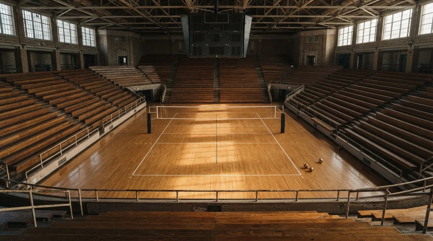 Una sala de tribunal vacía con bancos de madera a la luz de la mañana