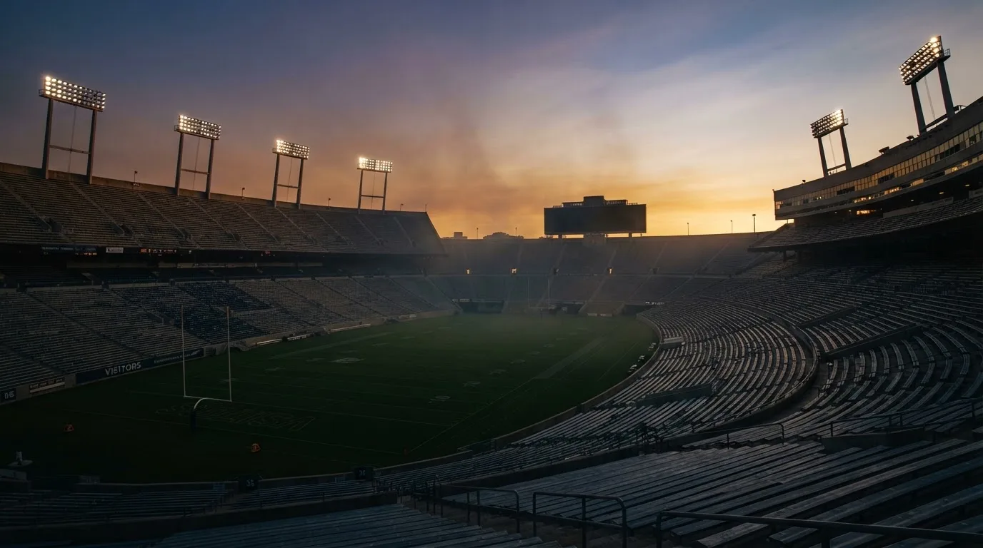 Un estadio de fútbol vacío con torres de iluminación al atardecer
