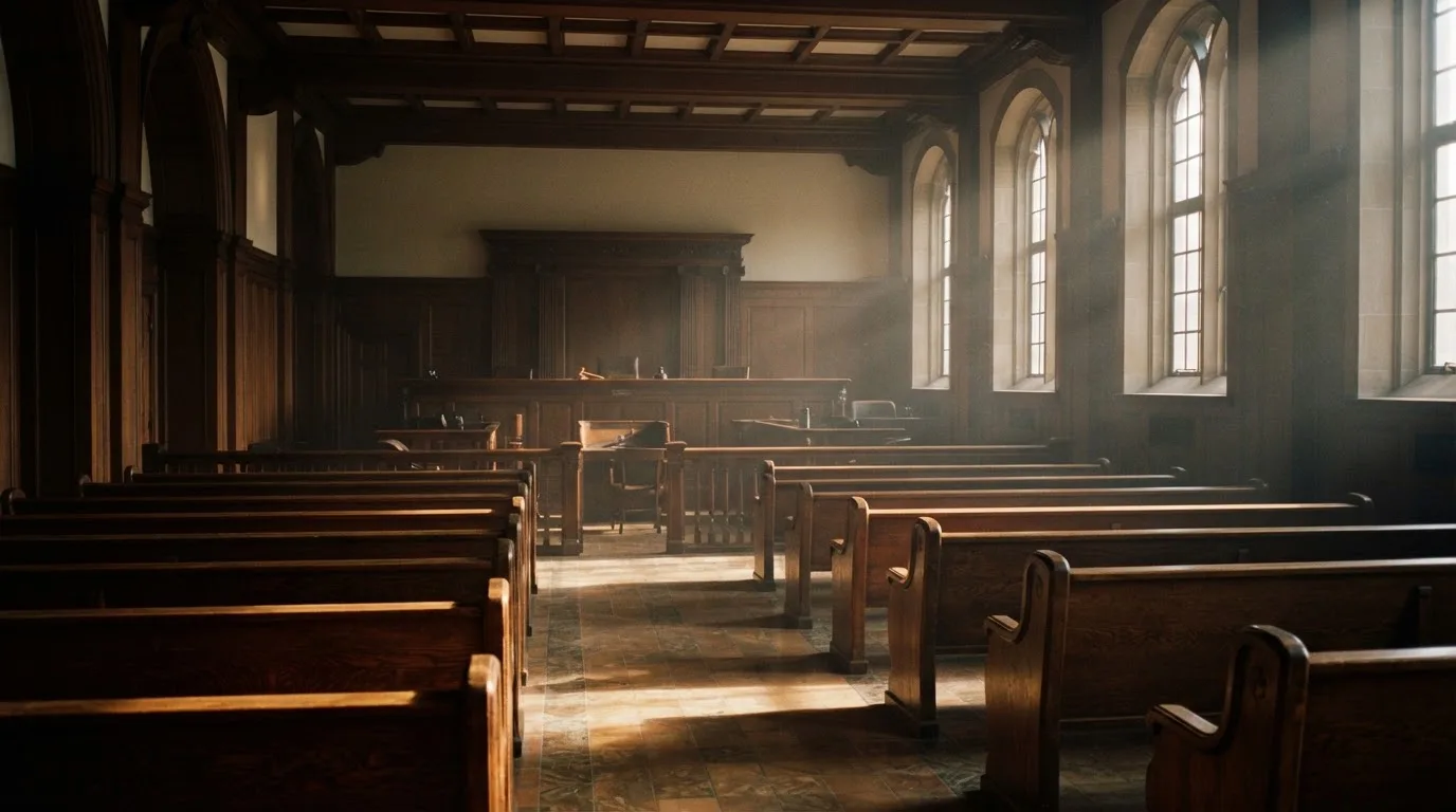 Una sala de tribunal vacía con bancos de madera a la luz de la mañana