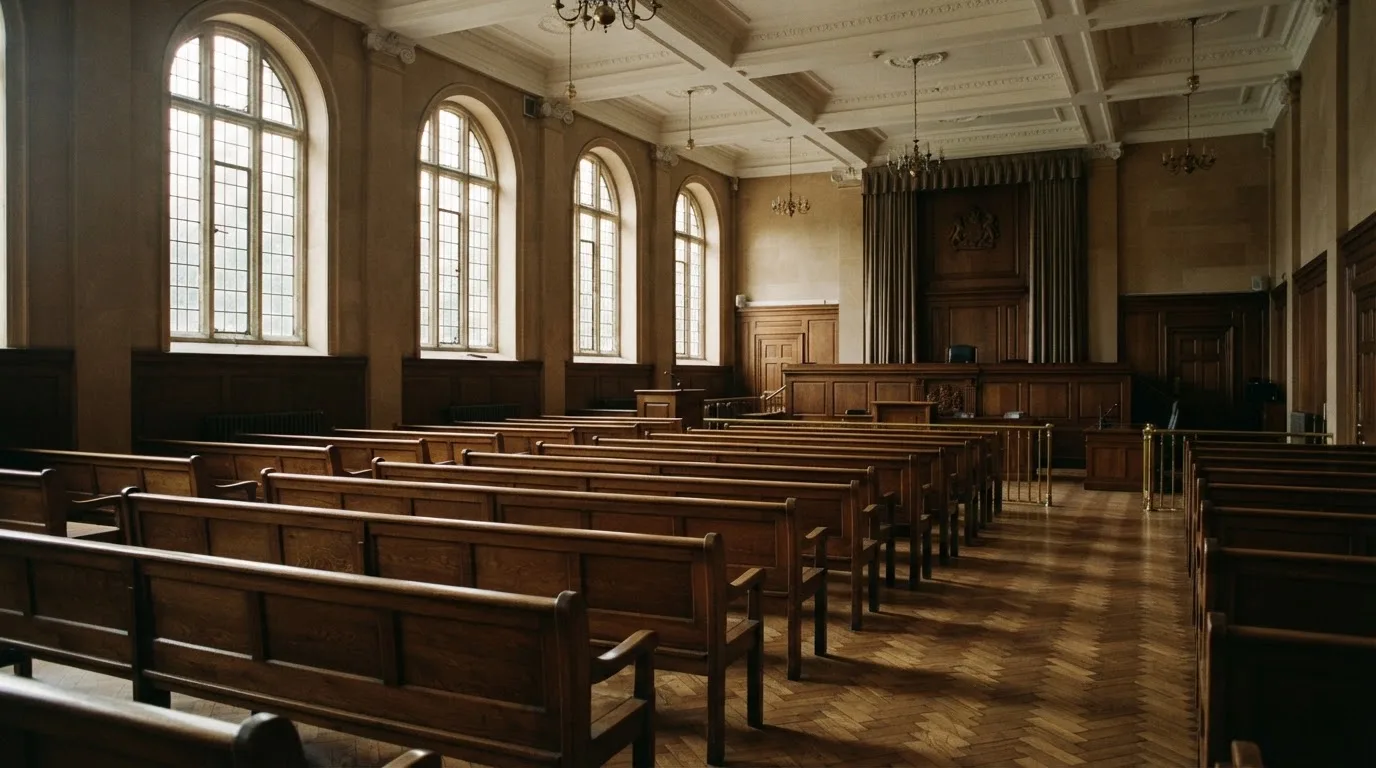 Una sala de tribunal vacía con bancos de madera a la luz de la mañana