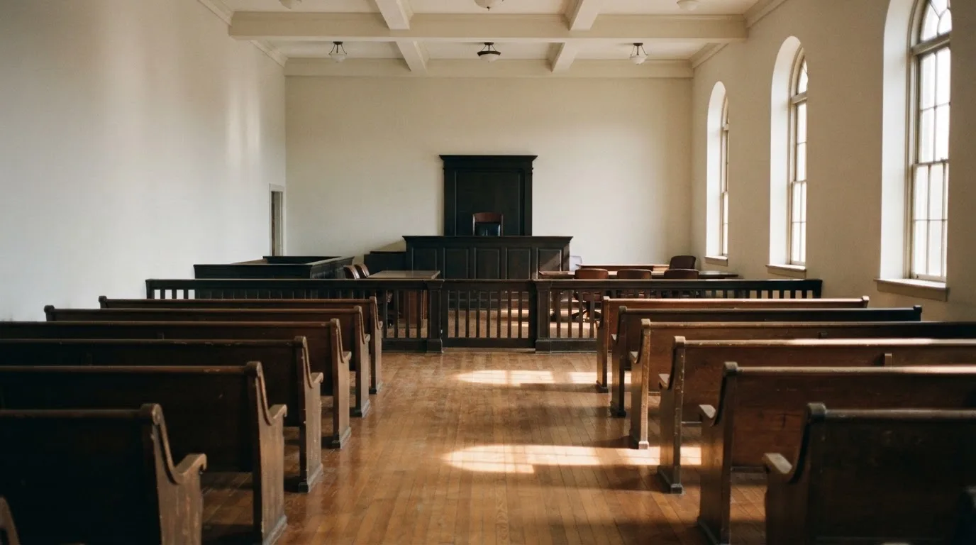 Una sala de tribunal vacía con bancos de madera a la luz de la mañana
