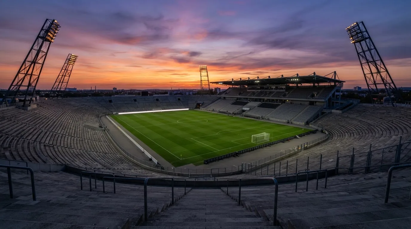 Un estadio de fútbol vacío con torres de iluminación al atardecer