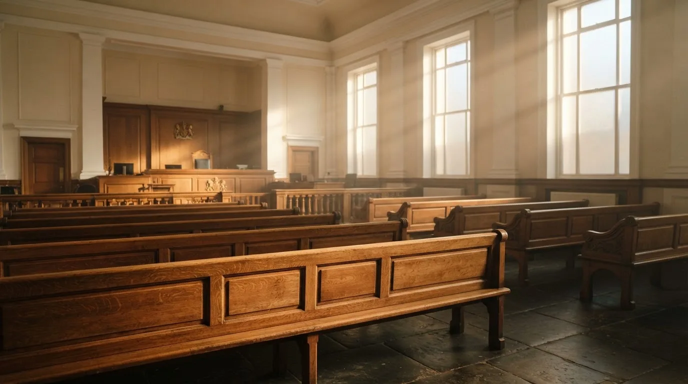 Una sala de tribunal vacía con bancos de madera a la luz de la mañana