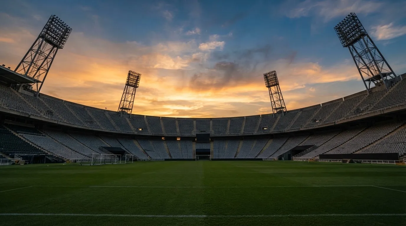 Un estadio de fútbol vacío con torres de iluminación al atardecer