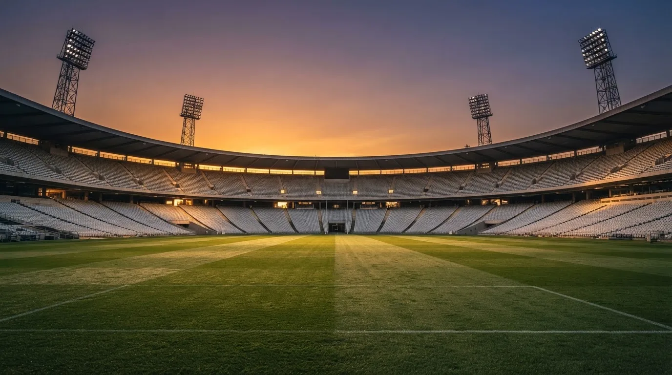 Un estadio de fútbol vacío con torres de iluminación al atardecer
