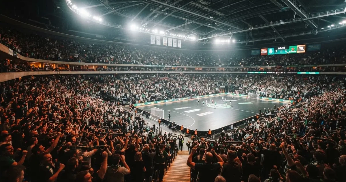 Un pabellón deportivo lleno bajo los focos, fotografiado desde muy lejos