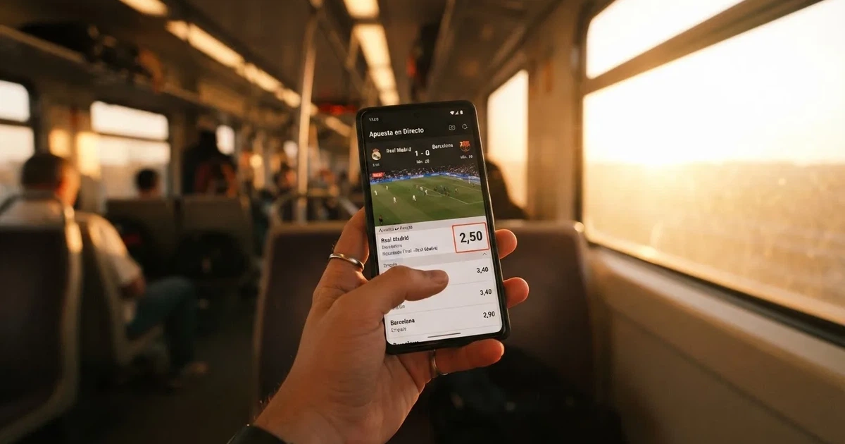 Una mano sostiene un móvil en el tren por la tarde, con la pantalla girada