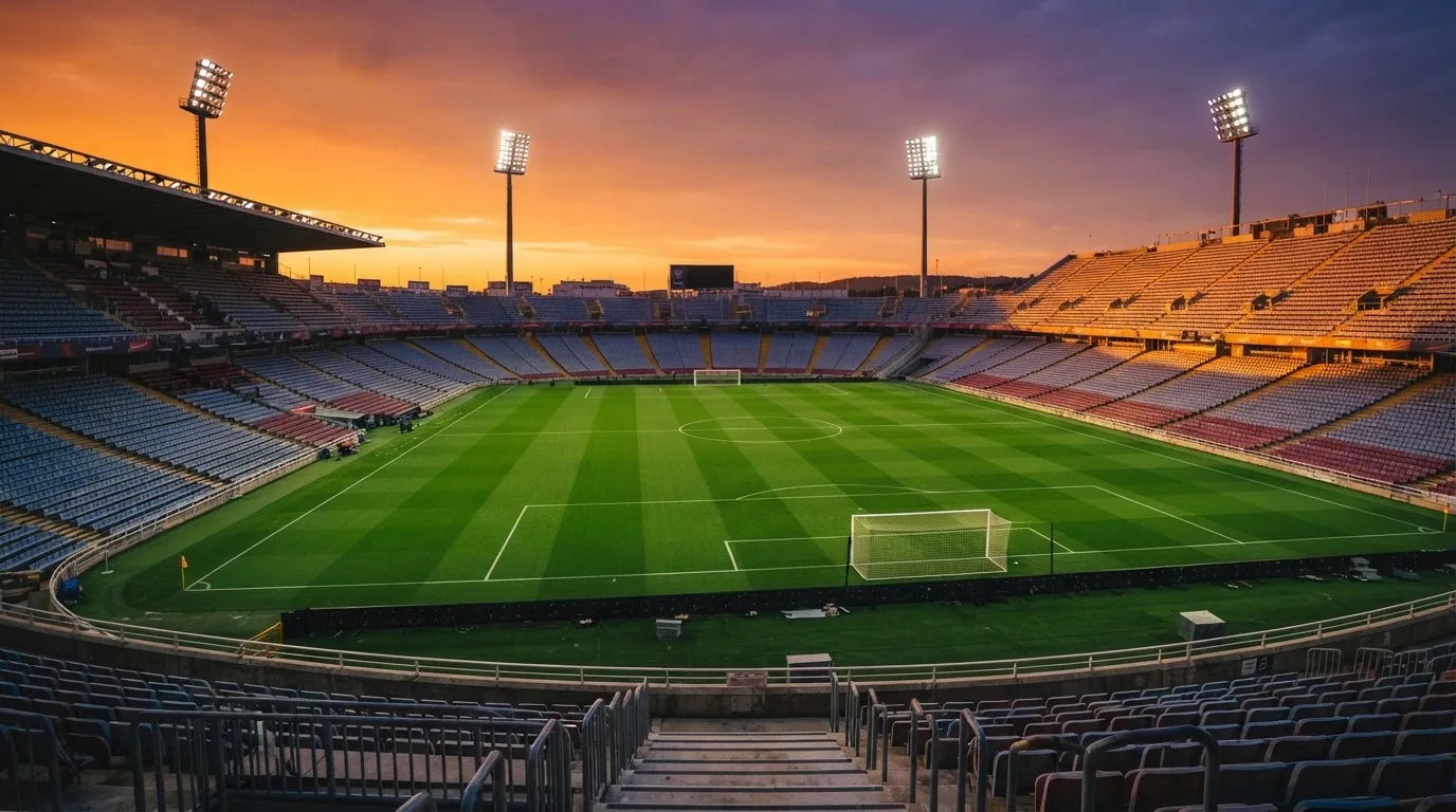 Un estadio de fútbol vacío con torres de iluminación al atardecer