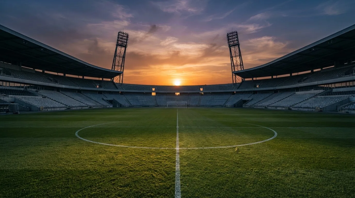 Un estadio de fútbol vacío con torres de iluminación al atardecer