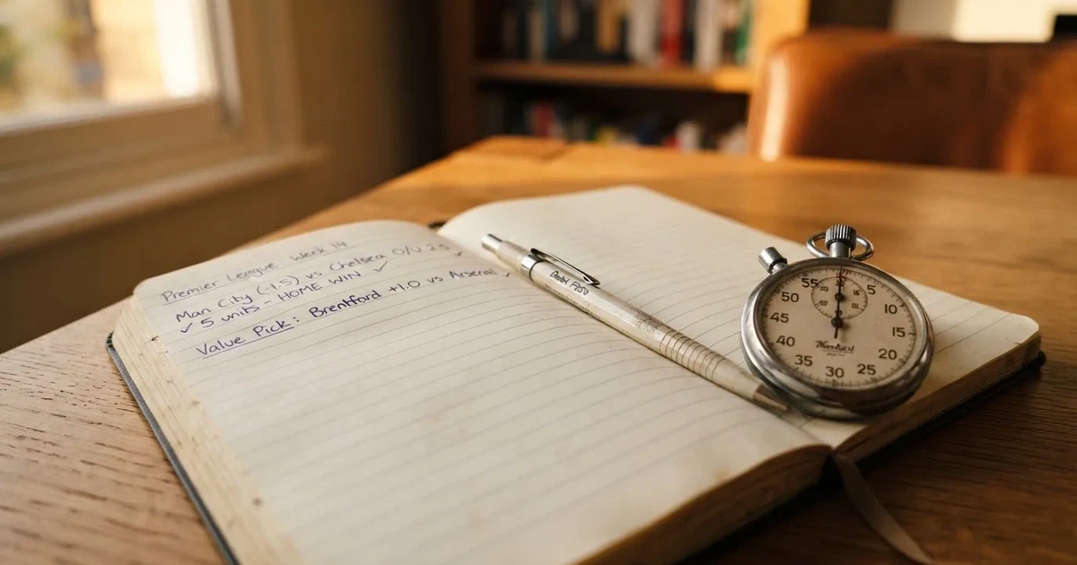 Un cuaderno abierto con un lápiz y un cronómetro sobre una mesa de madera