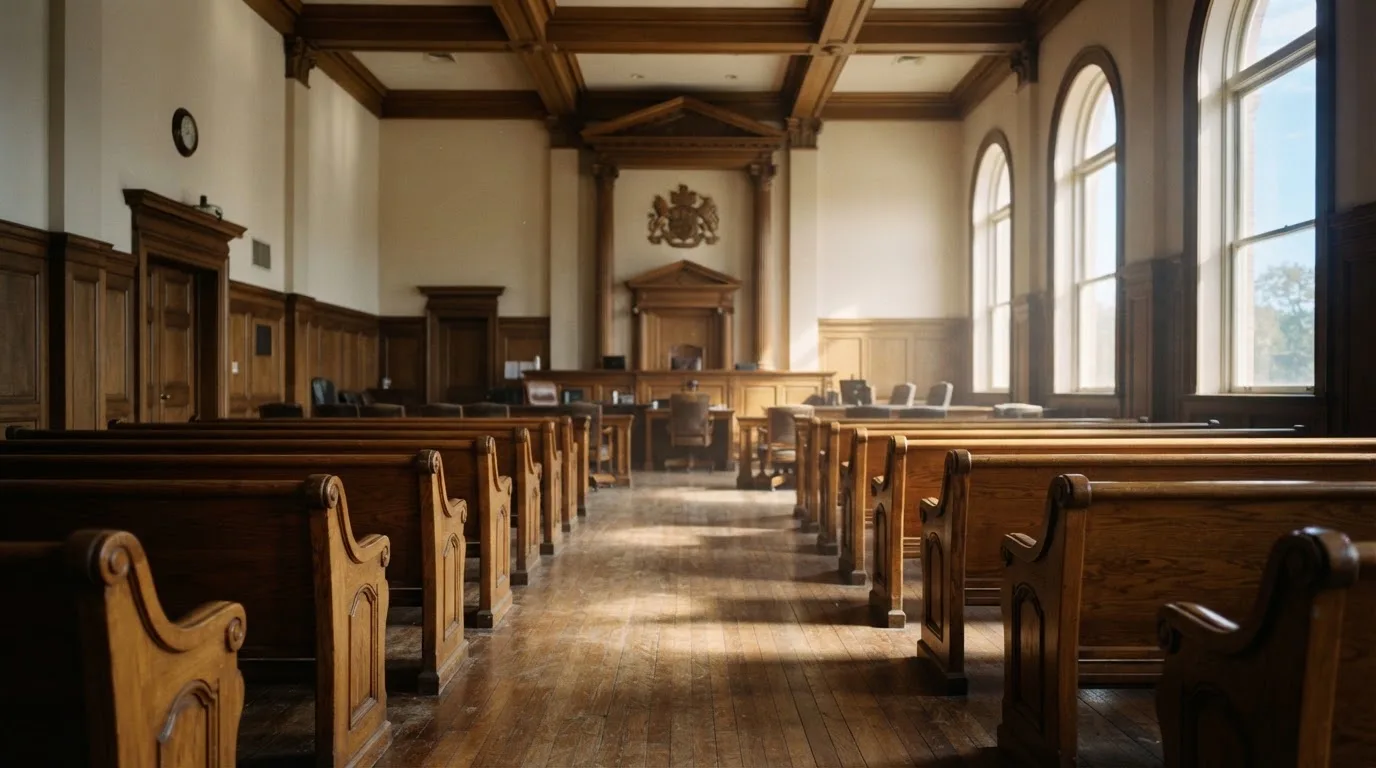 Una sala de tribunal vacía con bancos de madera a la luz de la mañana
