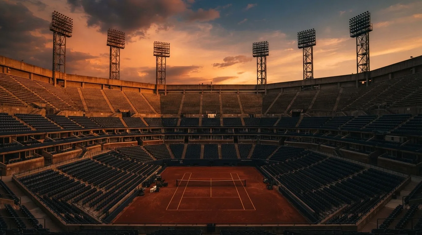 Un estadio de fútbol vacío con torres de iluminación al atardecer